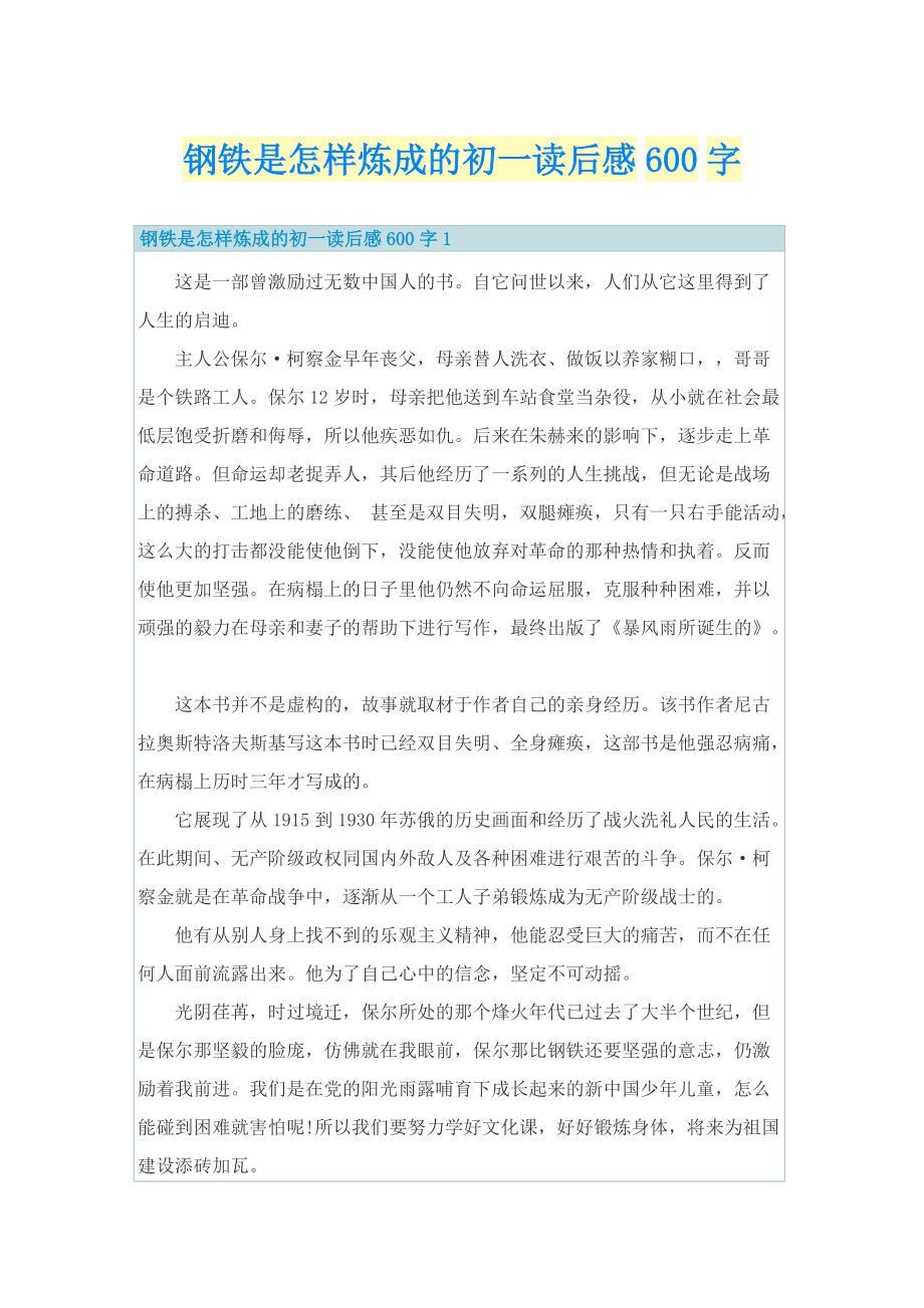 钢铁是怎样炼成的初一读后感600字_1.doc_第1页