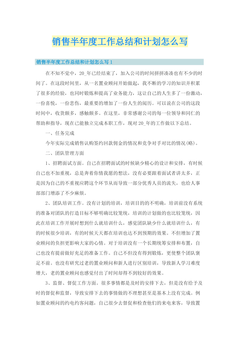 销售半年度工作总结和计划怎么写.doc_第1页