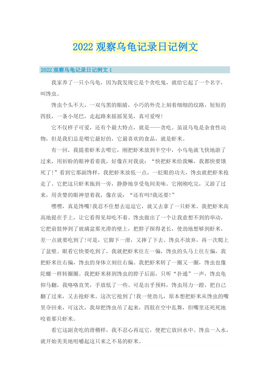 2022观察乌龟记录日记例文.doc_第1页