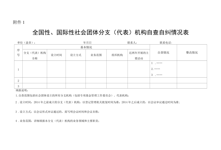 全国性、国际性社会团体分支（代表）机构自查自纠情况表.docx_第1页