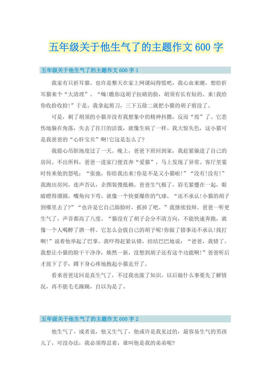 五年级关于他生气了的主题作文600字.doc_第1页