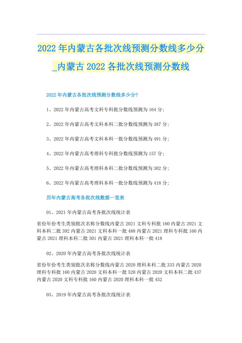 2022年内蒙古各批次线预测分数线多少分_内蒙古2022各批次线预测分数线.doc_第1页