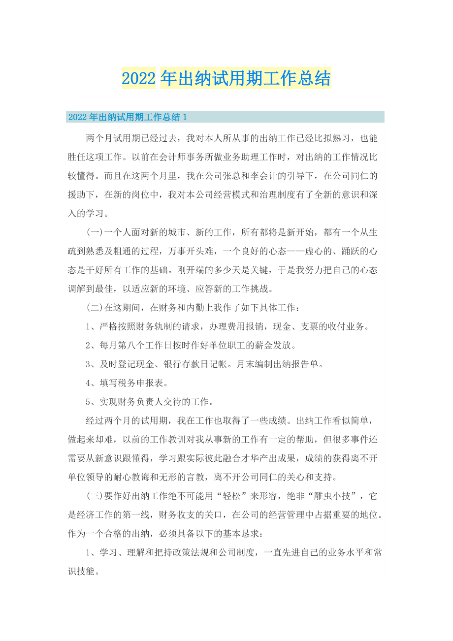 2022年出纳试用期工作总结.doc_第1页