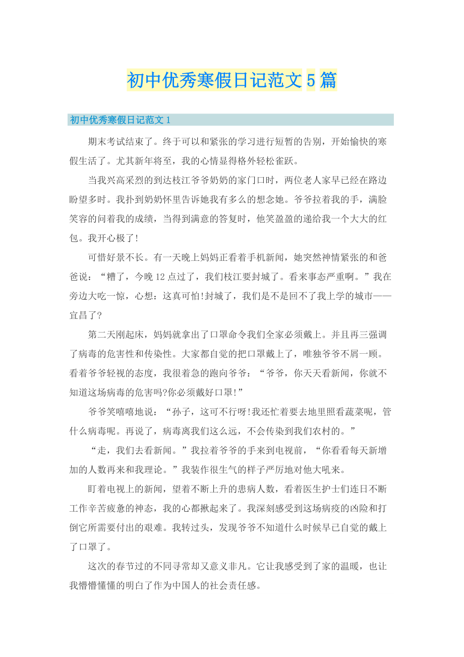 初中优秀寒假日记范文5篇.doc_第1页