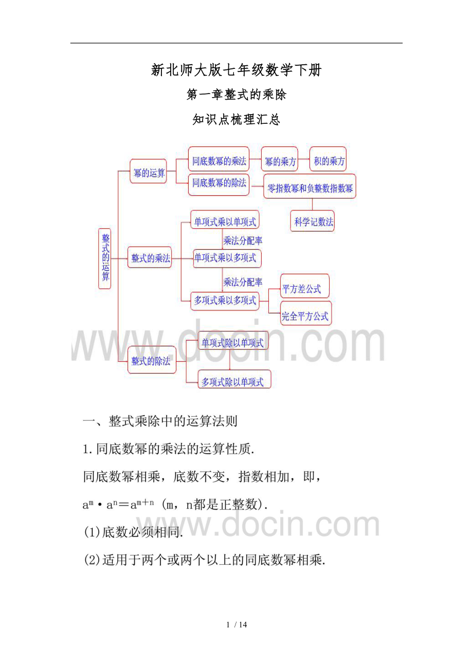 新北师大版七级数学下册第一章整式的乘除知识点梳理汇总.doc_第1页