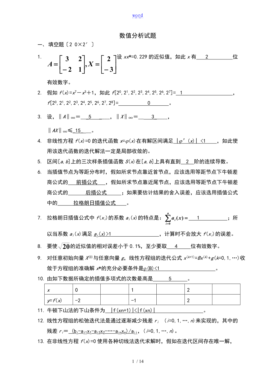 数值分析报告试的题目及问题详解汇总情况.doc_第1页