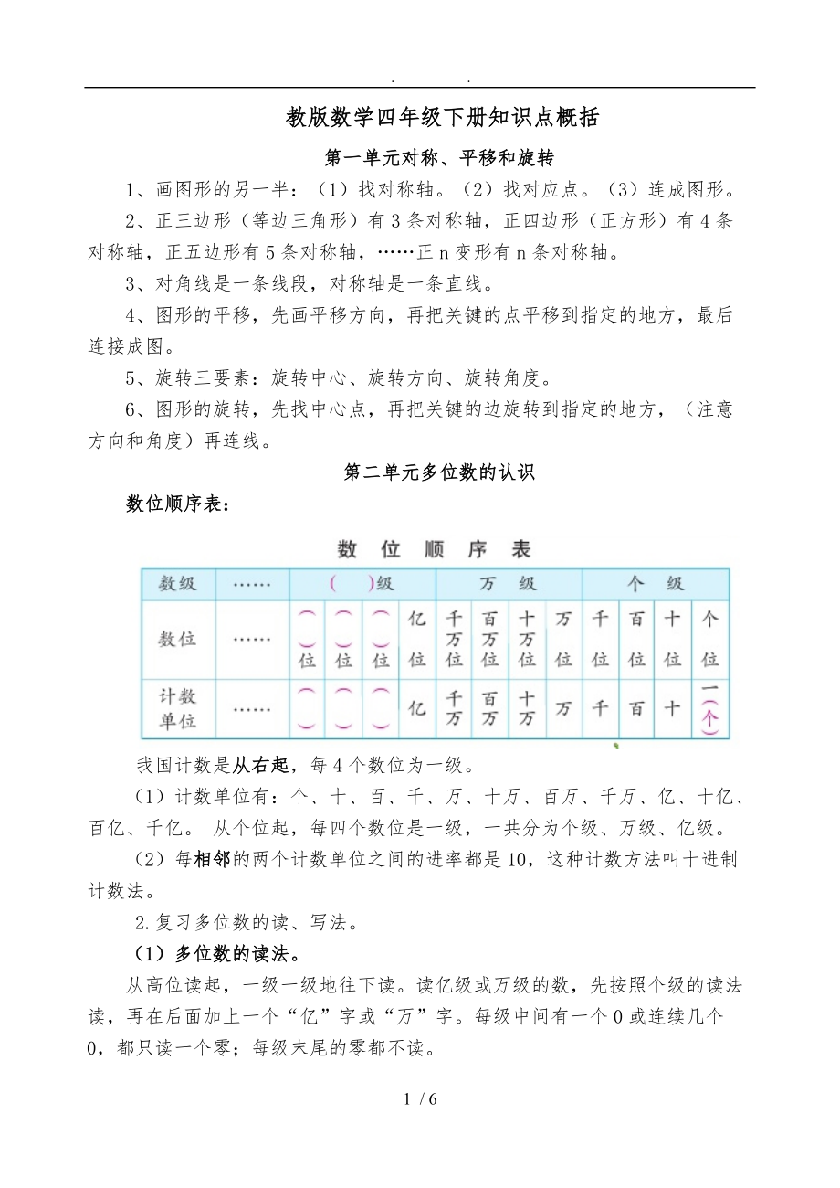 最新苏教版数学四级下册知识概念.doc_第1页