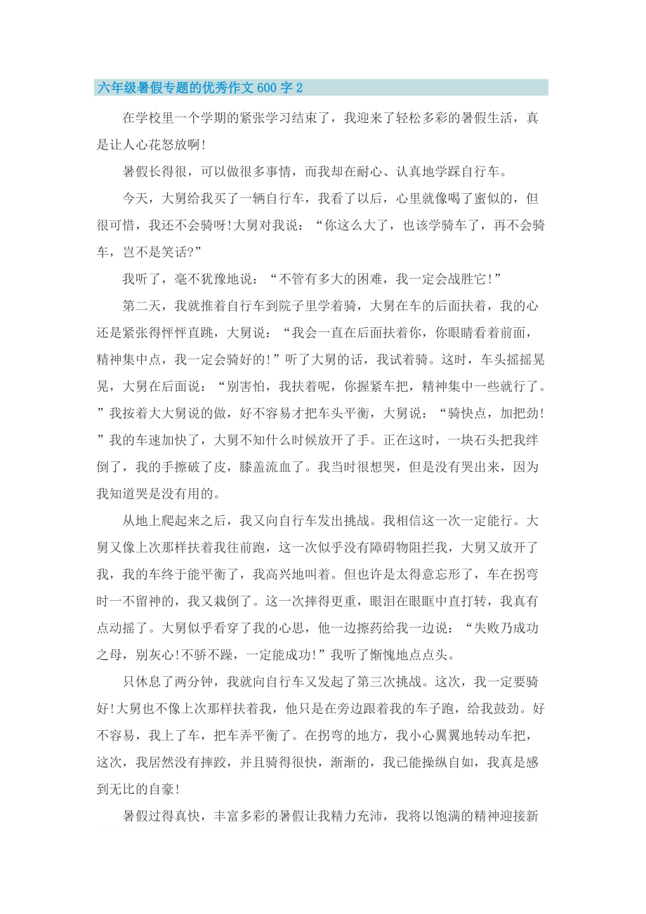 六年级暑假专题的优秀作文600字.doc_第2页