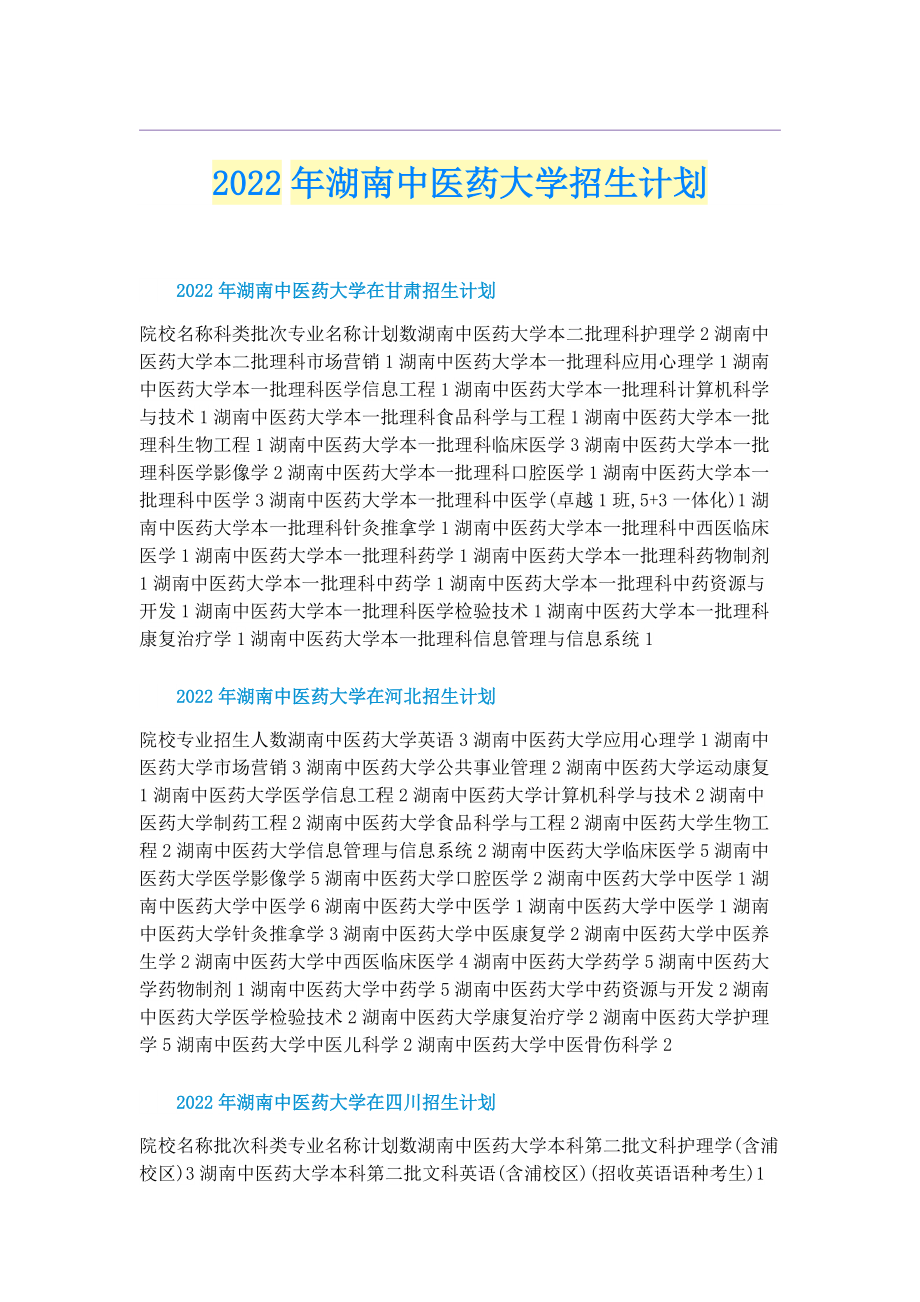 2022年湖南中医药大学招生计划.doc_第1页