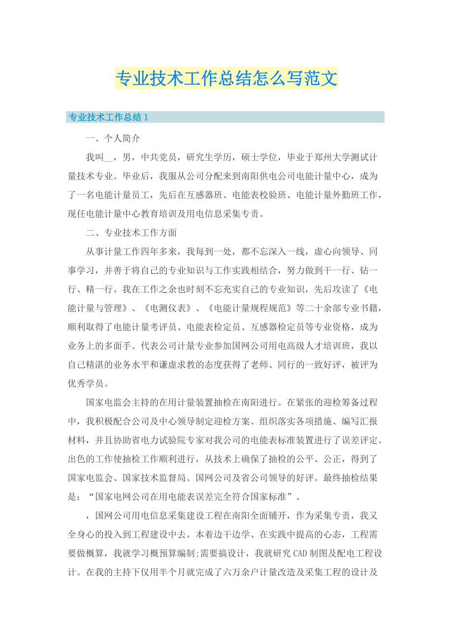 专业技术工作总结怎么写范文.doc_第1页