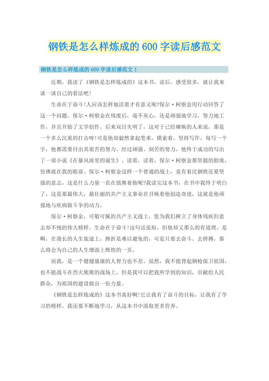 钢铁是怎么样炼成的600字读后感范文.doc_第1页