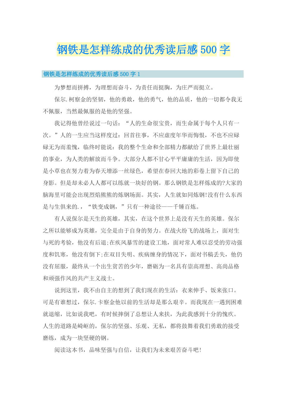 钢铁是怎样练成的优秀读后感500字.doc_第1页