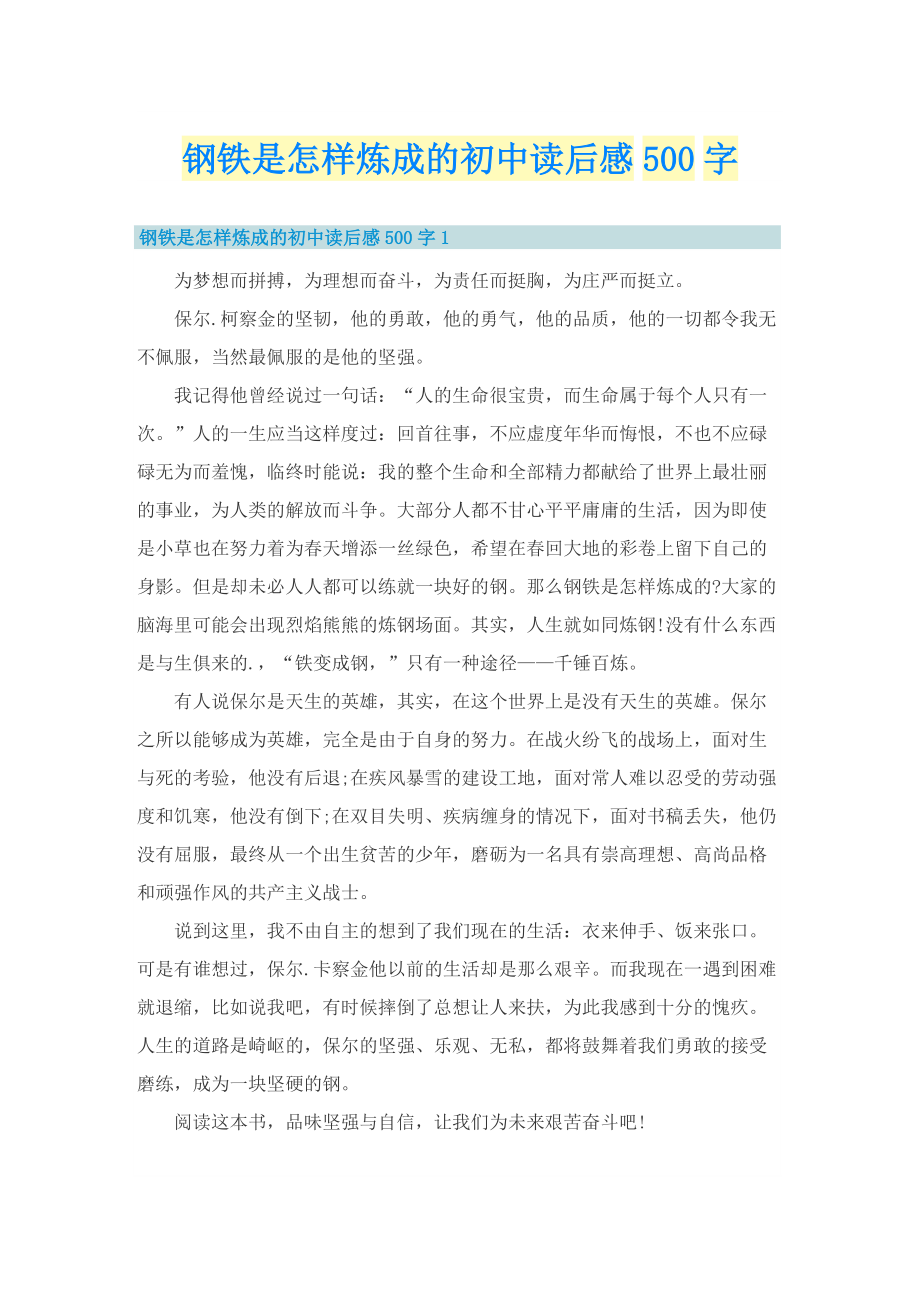 钢铁是怎样炼成的初中读后感500字.doc_第1页