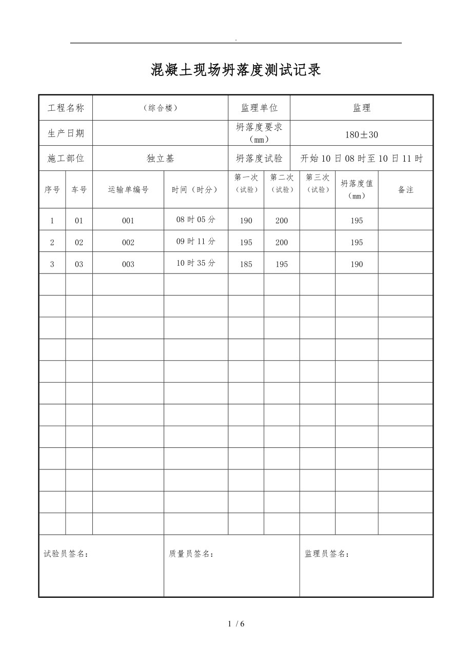 混凝土现场坍落度测试记录文本.doc_第1页