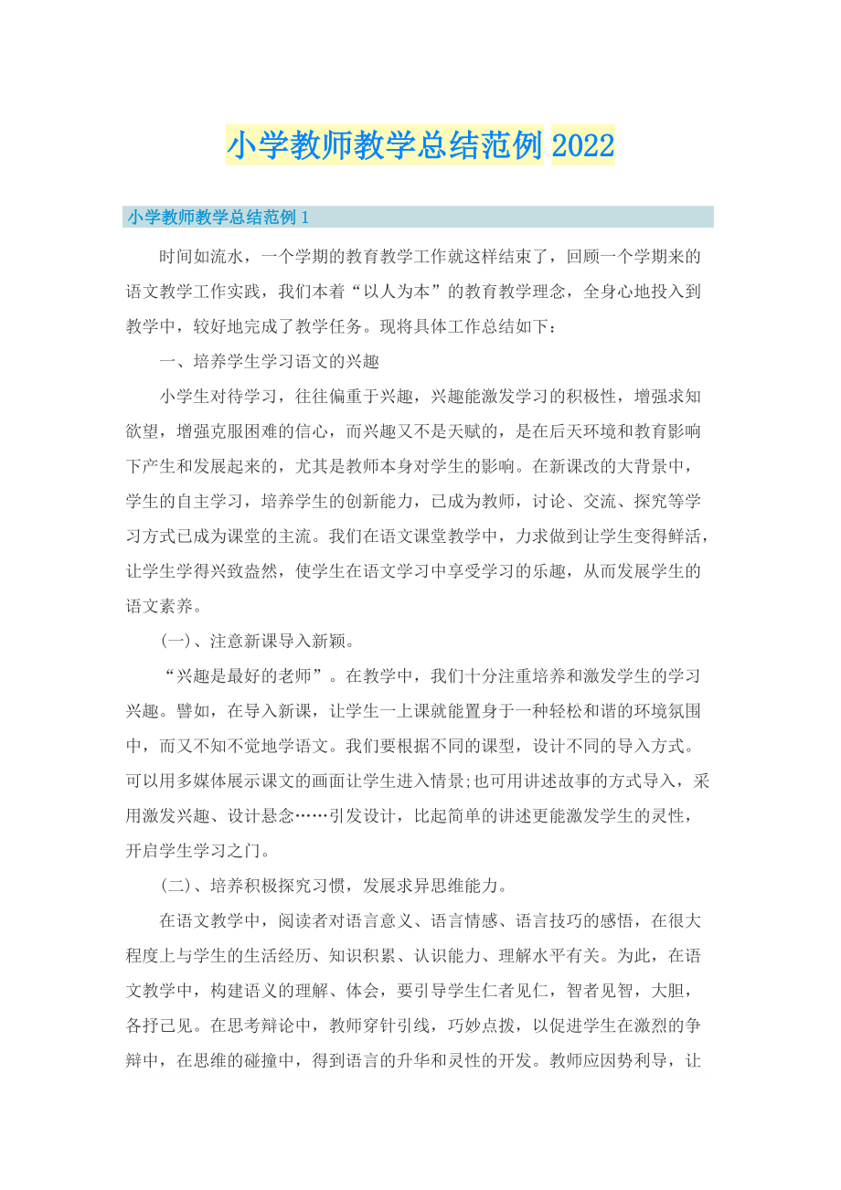 小学教师教学总结范例2022.doc_第1页