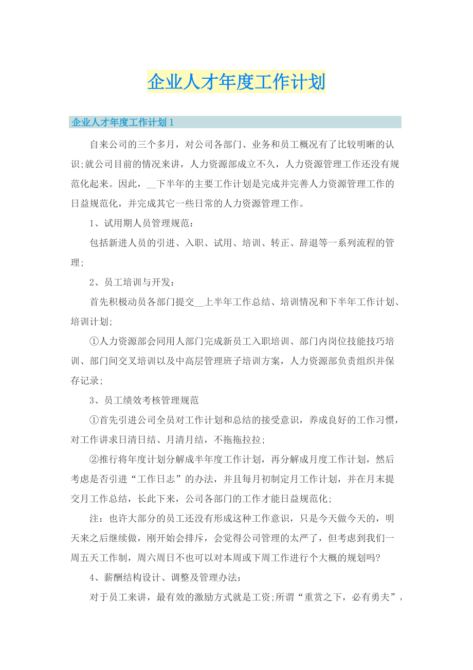 企业人才年度工作计划.doc_第1页