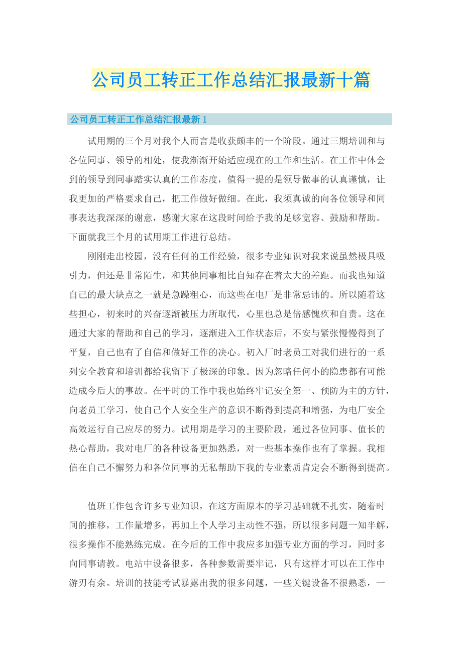 公司员工转正工作总结汇报最新十篇.doc_第1页