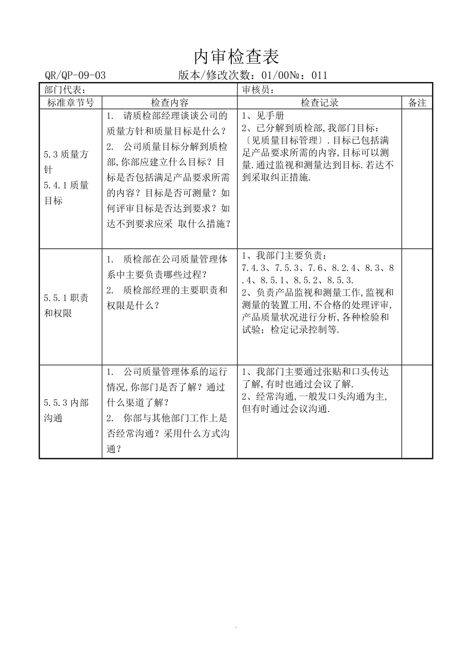 GMP内审检查表汇总-内审品质01.doc_第1页