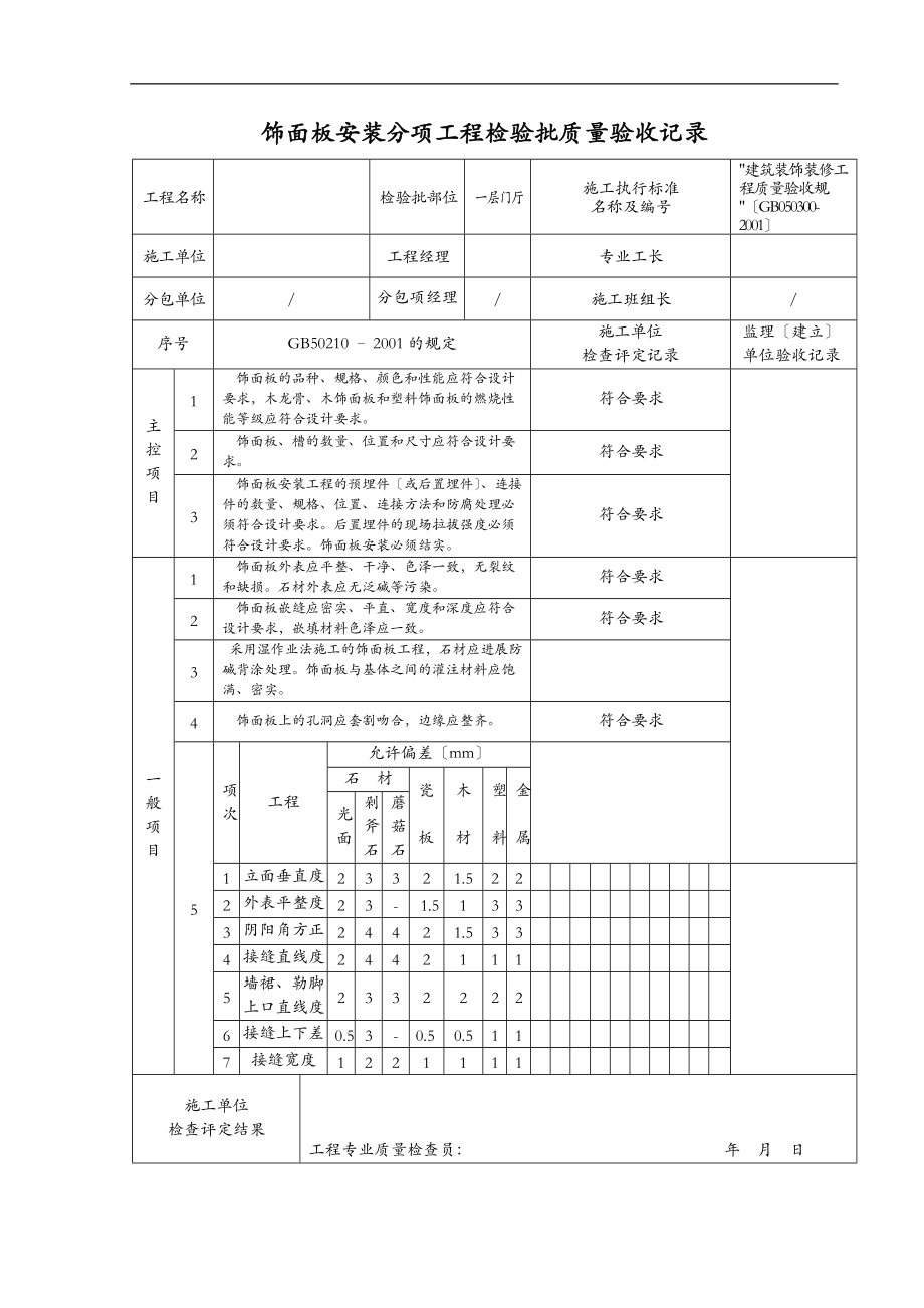 TJ4.3.33饰面板安装分项工程检验批.doc_第1页