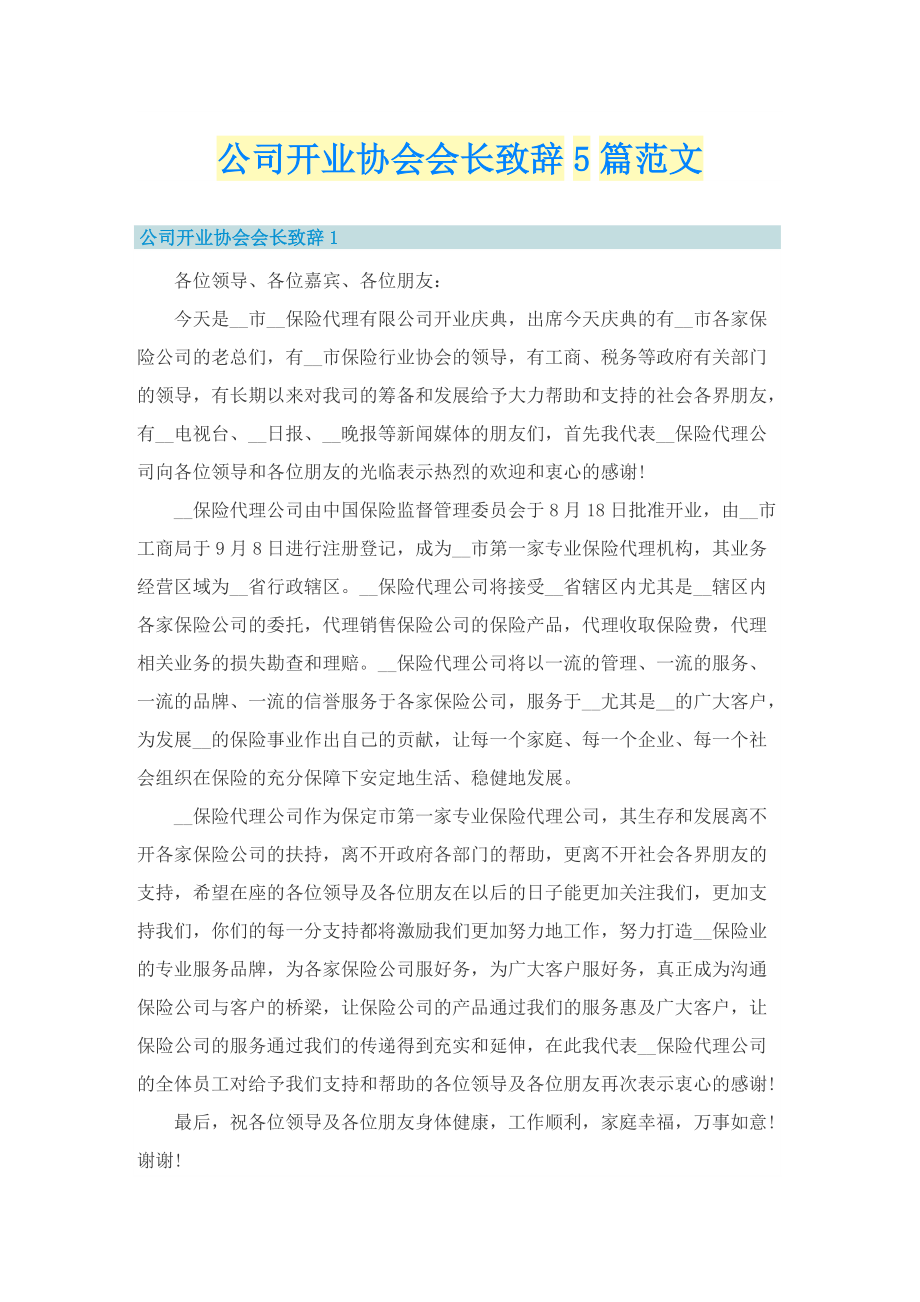 公司开业协会会长致辞5篇范文.doc_第1页