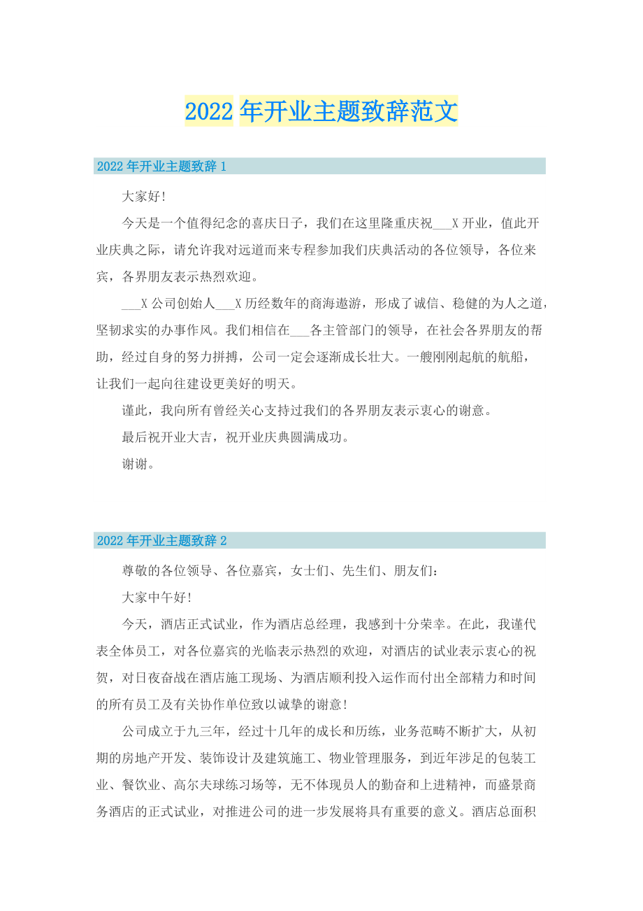 2022年开业主题致辞范文.doc_第1页