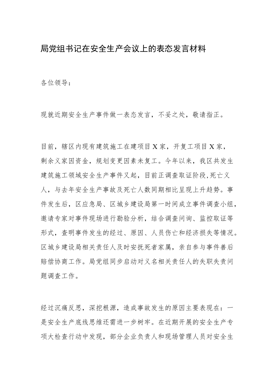 局党组书记在安全生产会议上的表态发言材料.docx_第1页