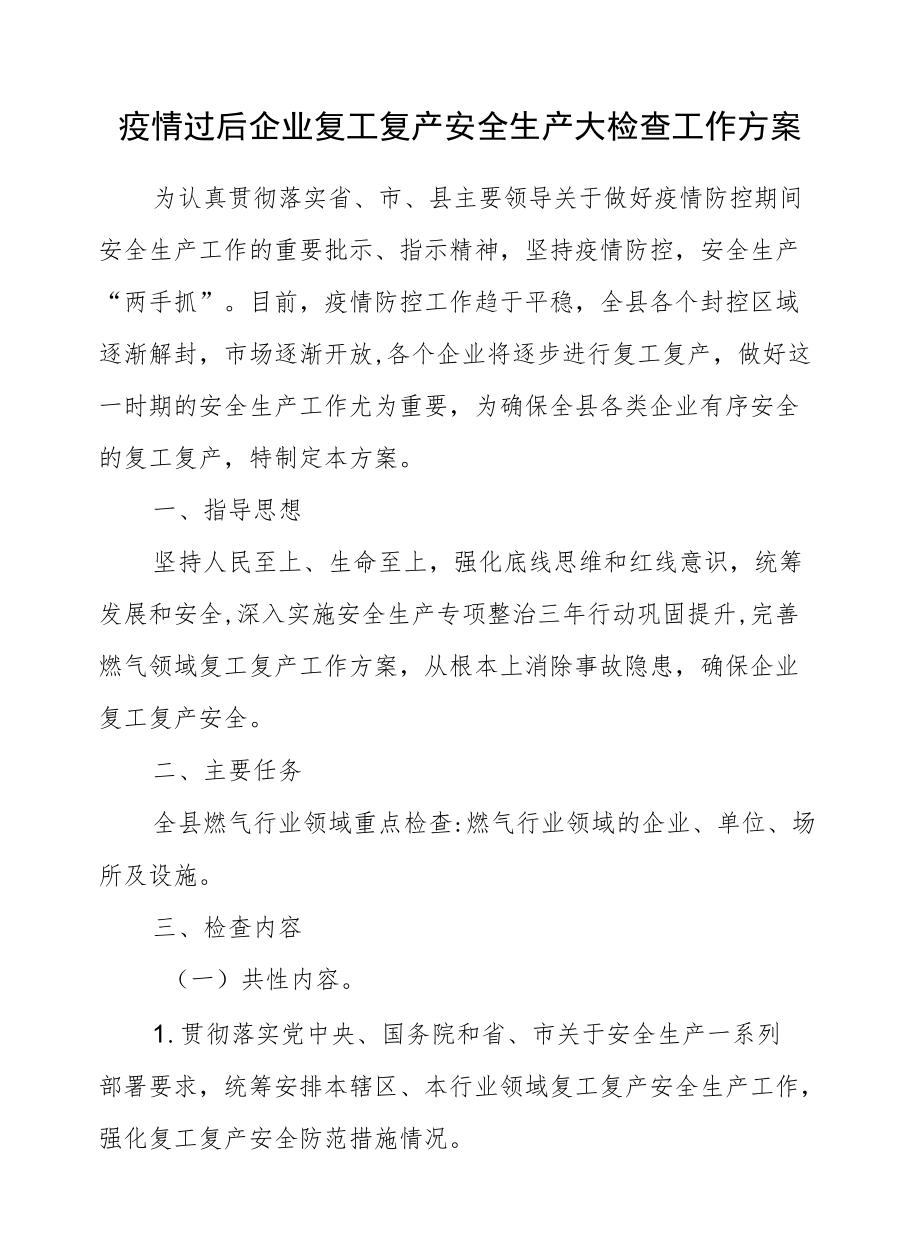 疫情过后企业复工复产安全生产大检查工作方案.docx_第1页