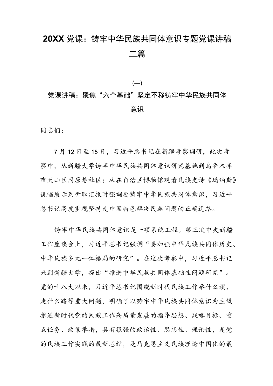 2022党课：铸牢中华民族共同体意识专题党课讲稿三篇.docx_第1页