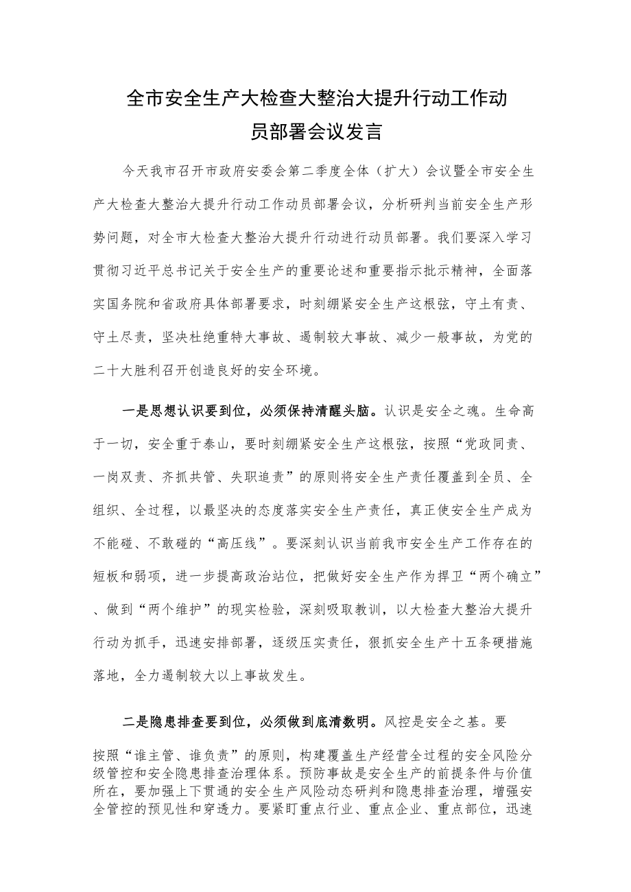 全市安全生产大检查大整治大提升行动工作动员部署会议发言.docx_第1页