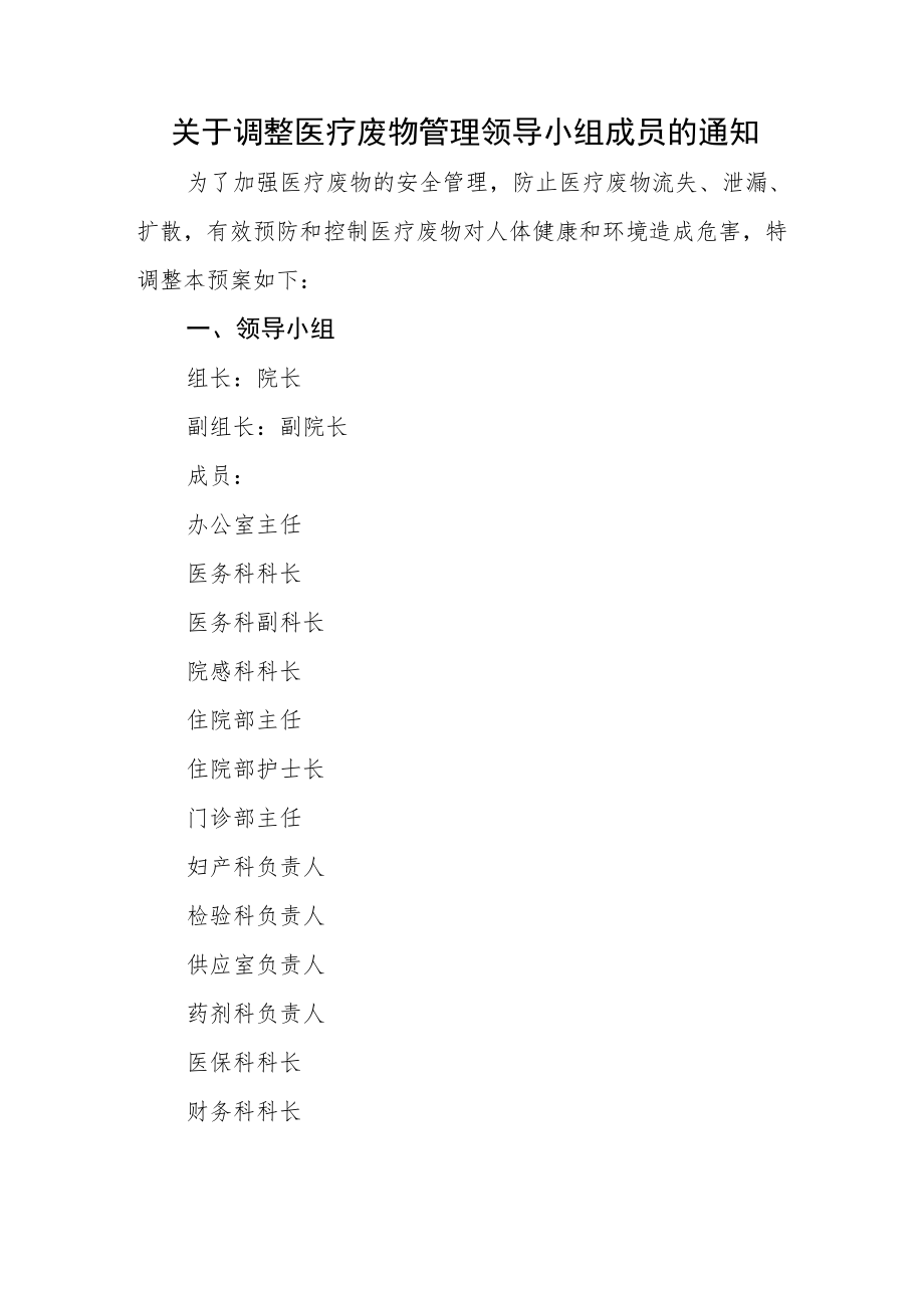 关于调整医疗废物管理领导小组成员的通知.docx_第1页