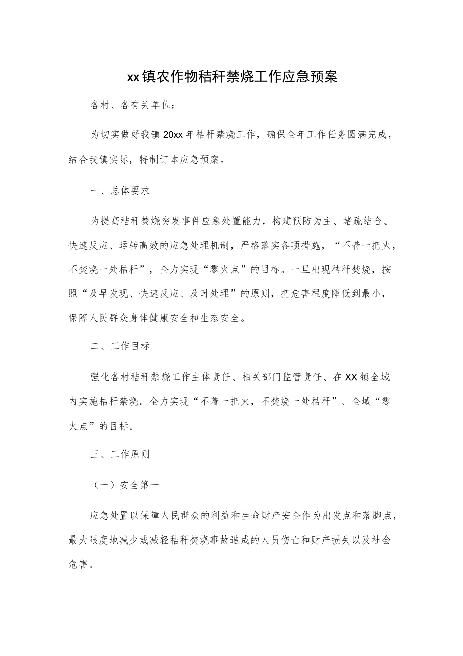 xx镇农作物秸秆禁烧工作应急预案.docx_第1页