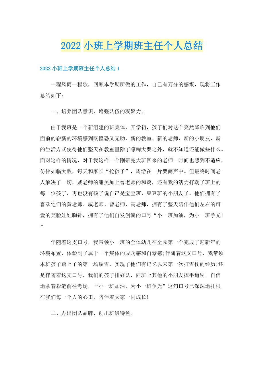 2022小班上学期班主任个人总结.doc_第1页