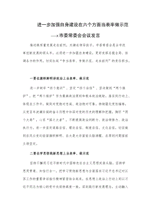 进一步加强自身建设 在六个方面当表率做示范——x市委常委会会议发言.docx