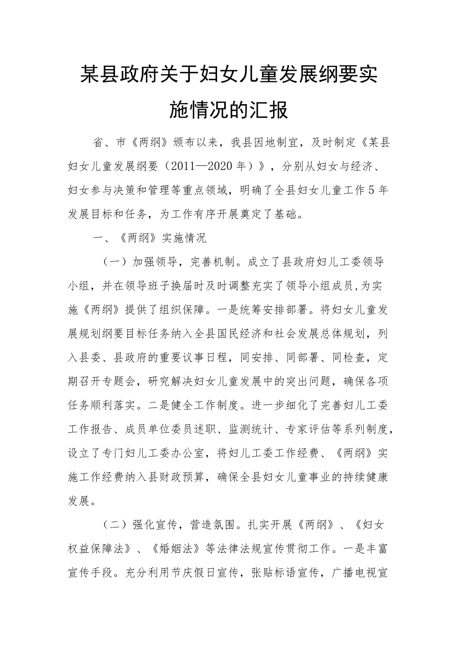 某县政府关于妇女儿童发展纲要实施情况的汇报.docx_第1页