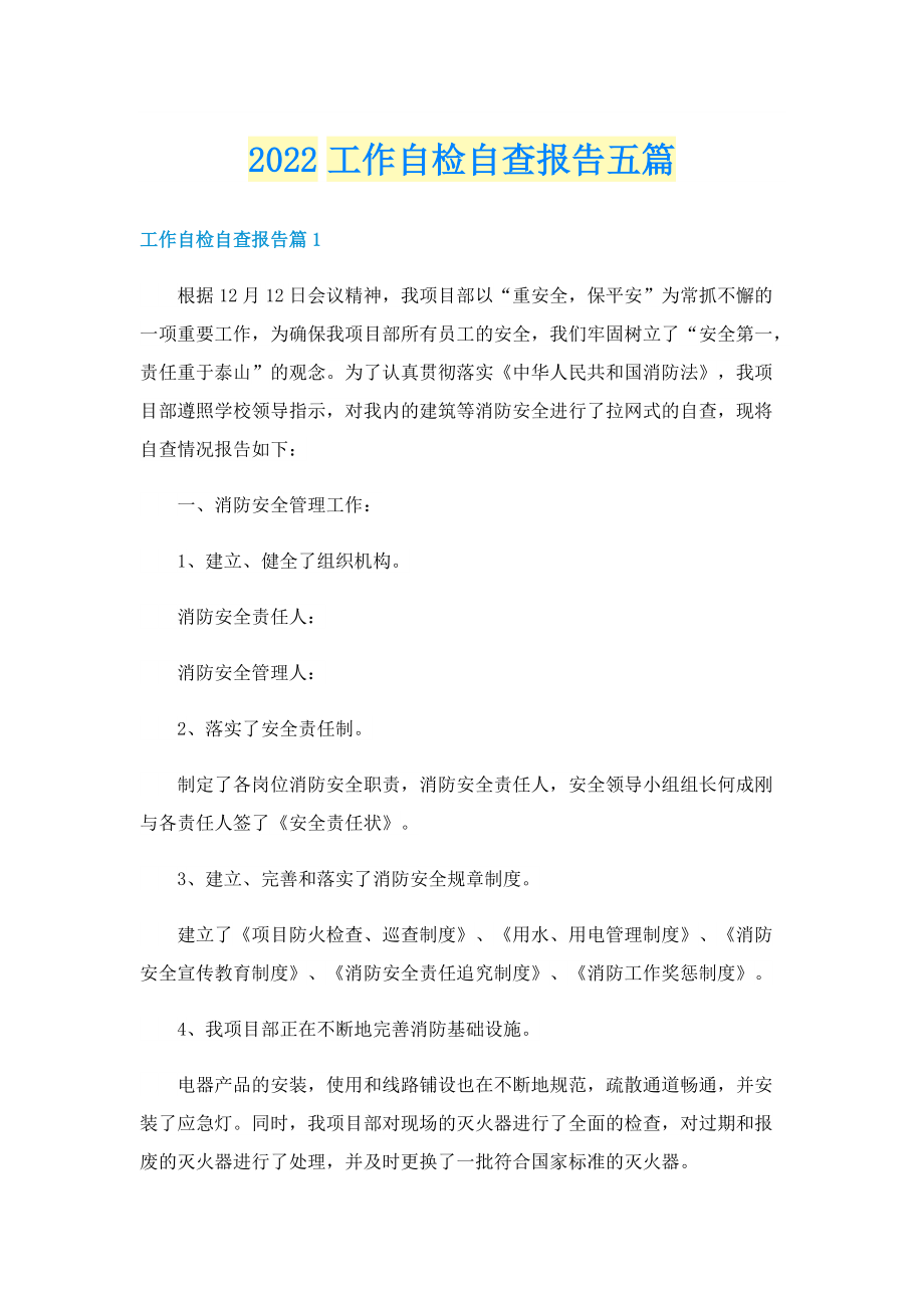 2022工作自检自查报告五篇.doc_第1页