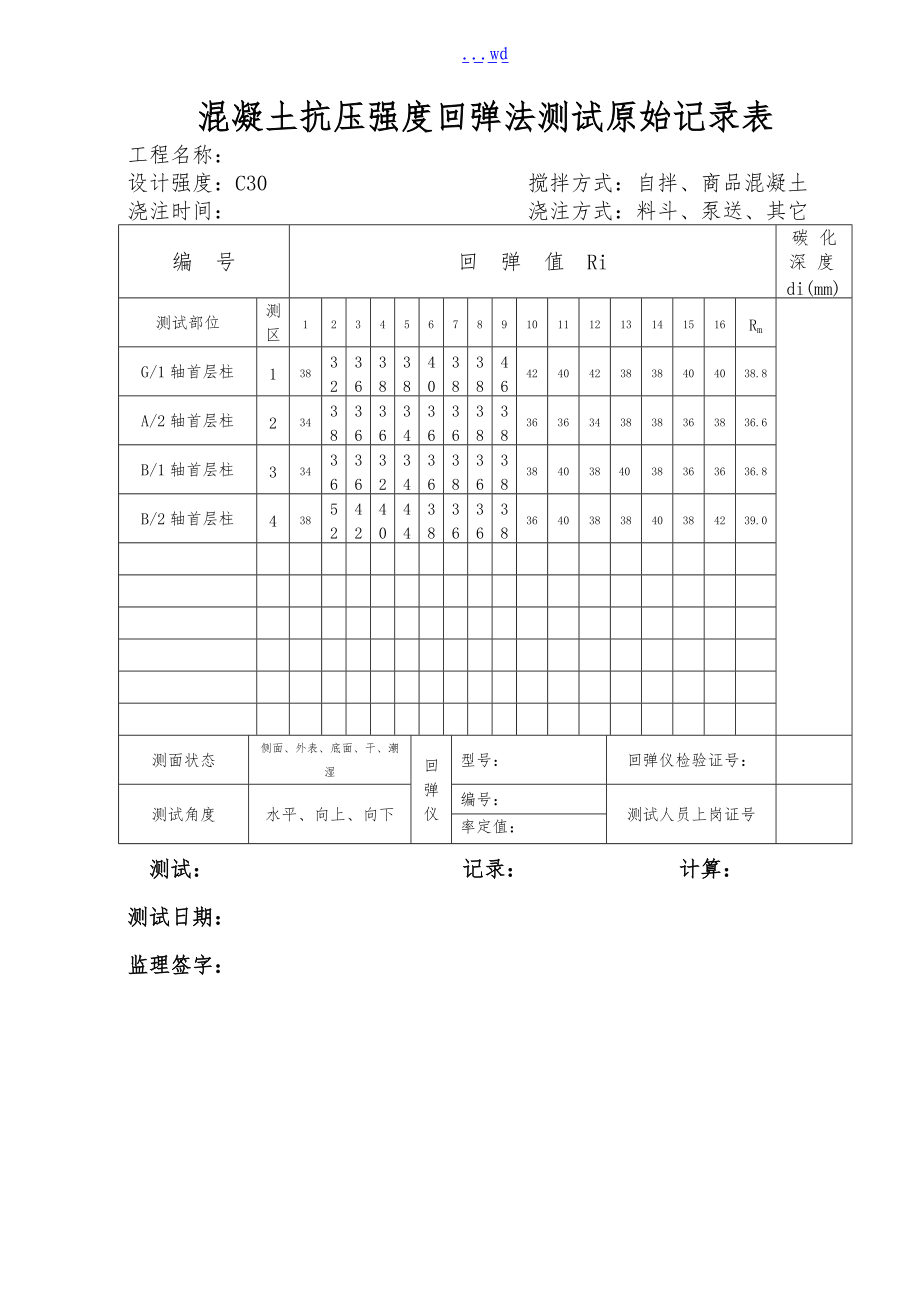 混凝土抗压强度回弹法测试原始记录文稿表.doc_第2页