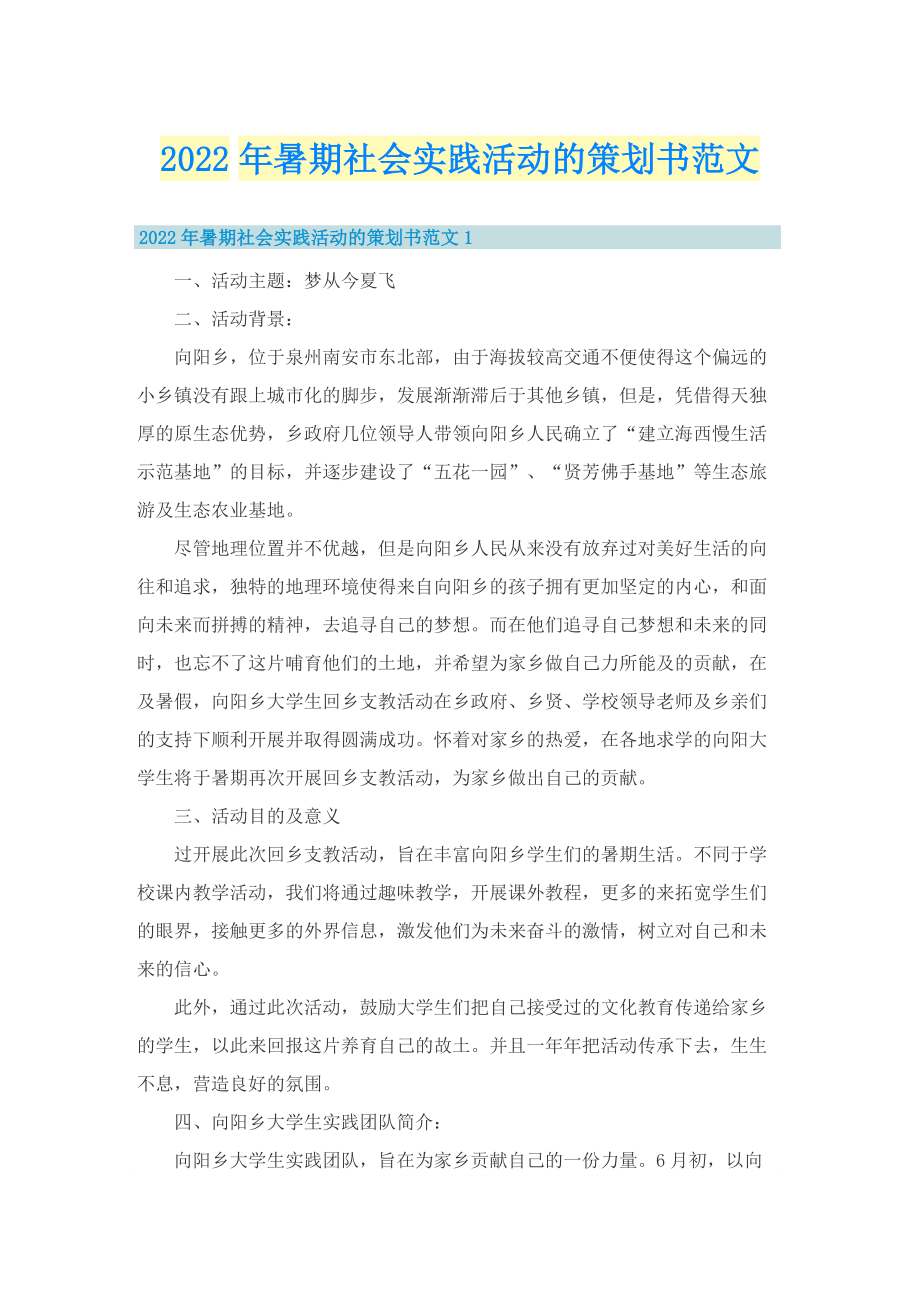 2022年暑期社会实践活动的策划书范文.doc_第1页