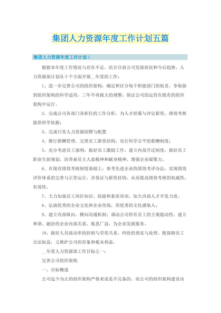 集团人力资源年度工作计划五篇.doc_第1页