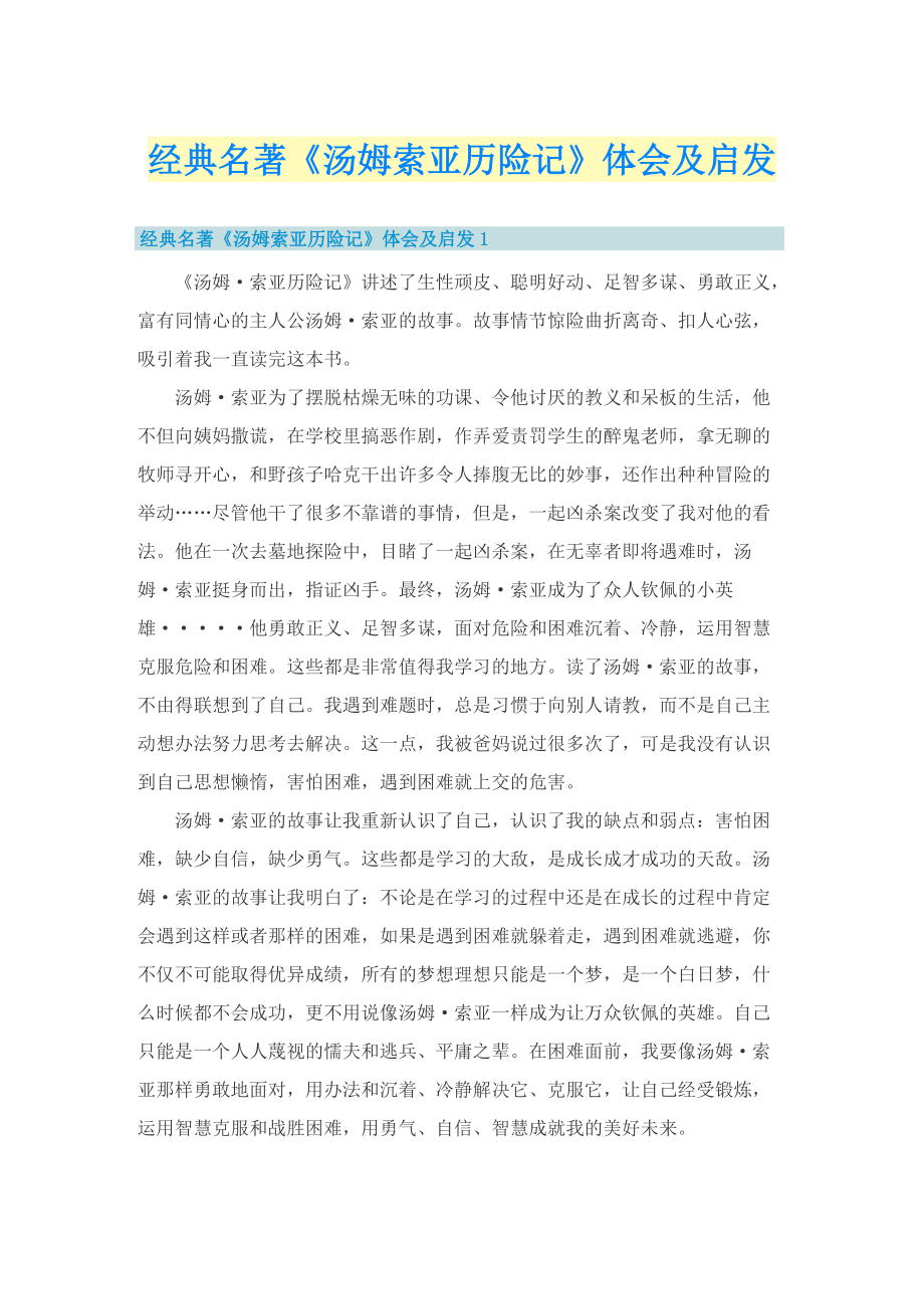 经典名著《汤姆索亚历险记》体会及启发.doc_第1页