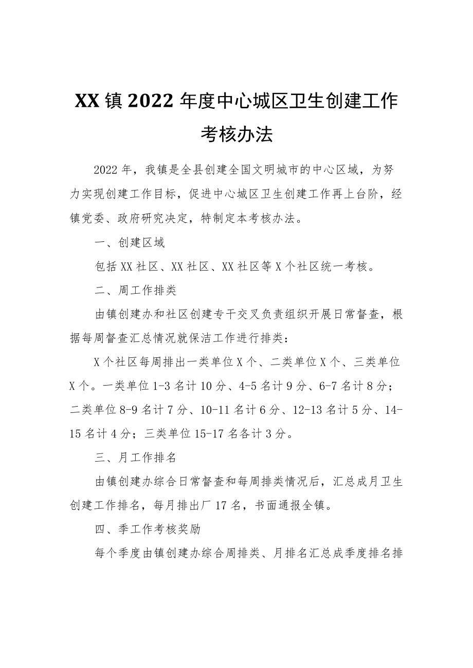 XX镇2022中心城区卫生创建工作考核办法.docx_第1页