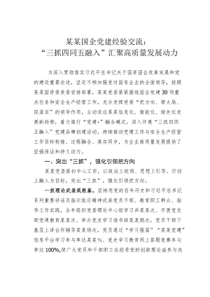 某某国企党建经验交流：“三抓四同五融入”汇聚高质量发展动力.docx