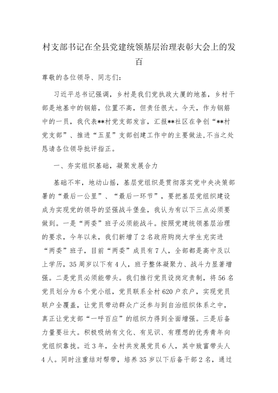 村支部书记在全县党建统领基层治理表彰大会上的发言.docx_第1页