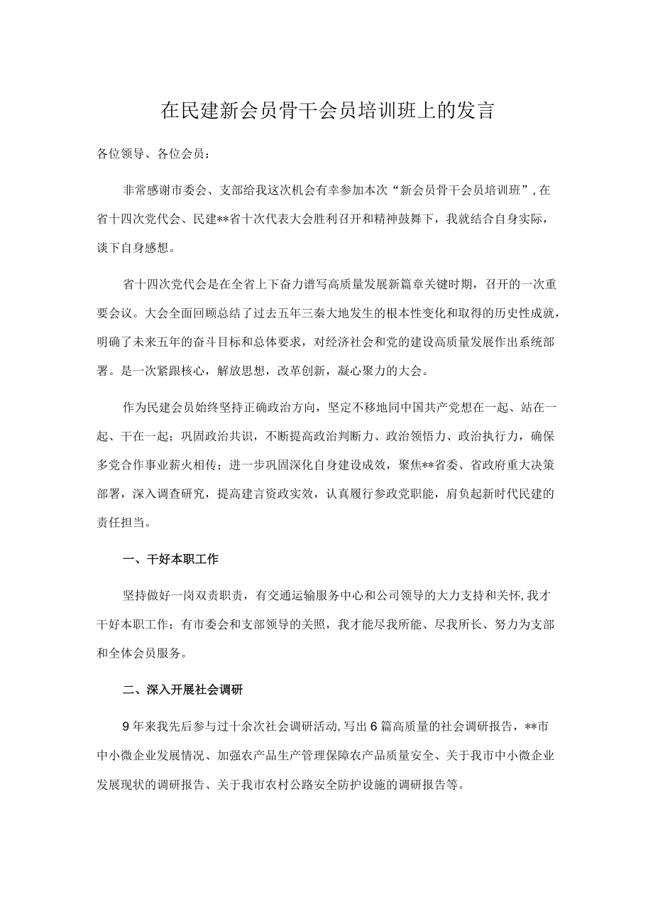 在民建新会员骨干会员培训班上的发言.docx_第1页