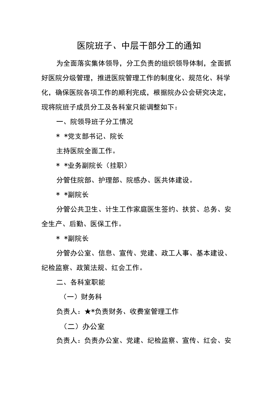 医院班子、中层干部分工的通知.docx_第1页