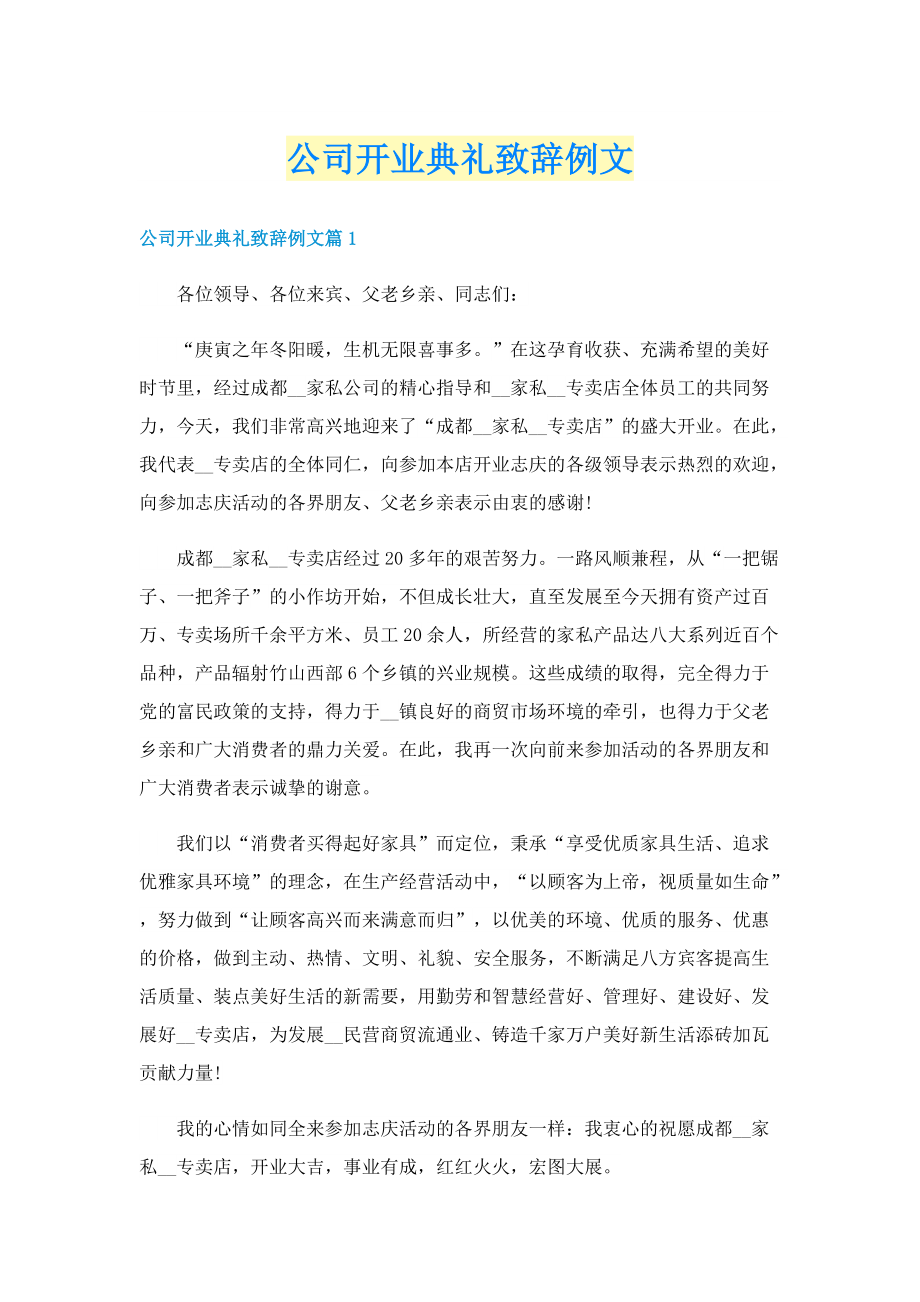 公司开业典礼致辞例文.doc_第1页