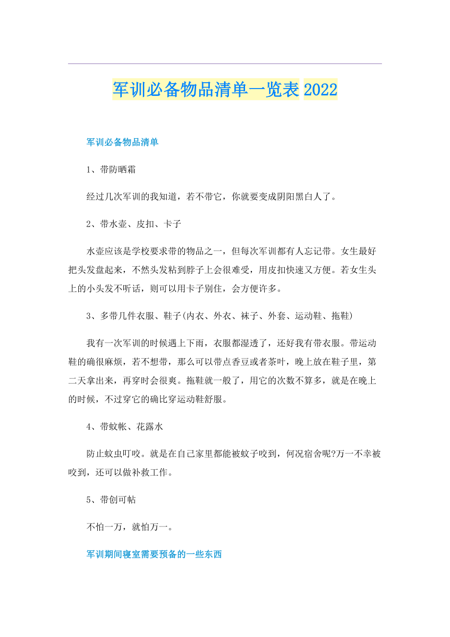 军训必备物品清单一览表2022.doc_第1页