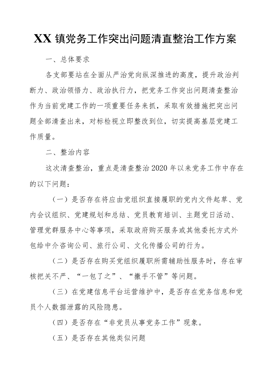 XX镇党务工作突出问题清查整治工作方案.docx_第1页