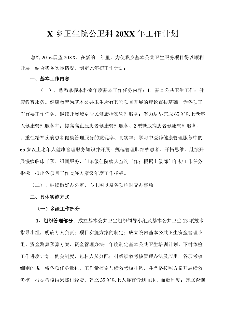 X乡卫生院公卫科工作计划.docx_第1页