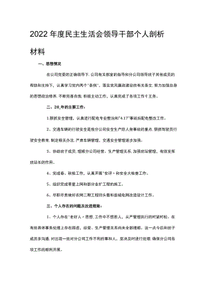 2022民主生活会领导干部个人剖析材料.docx