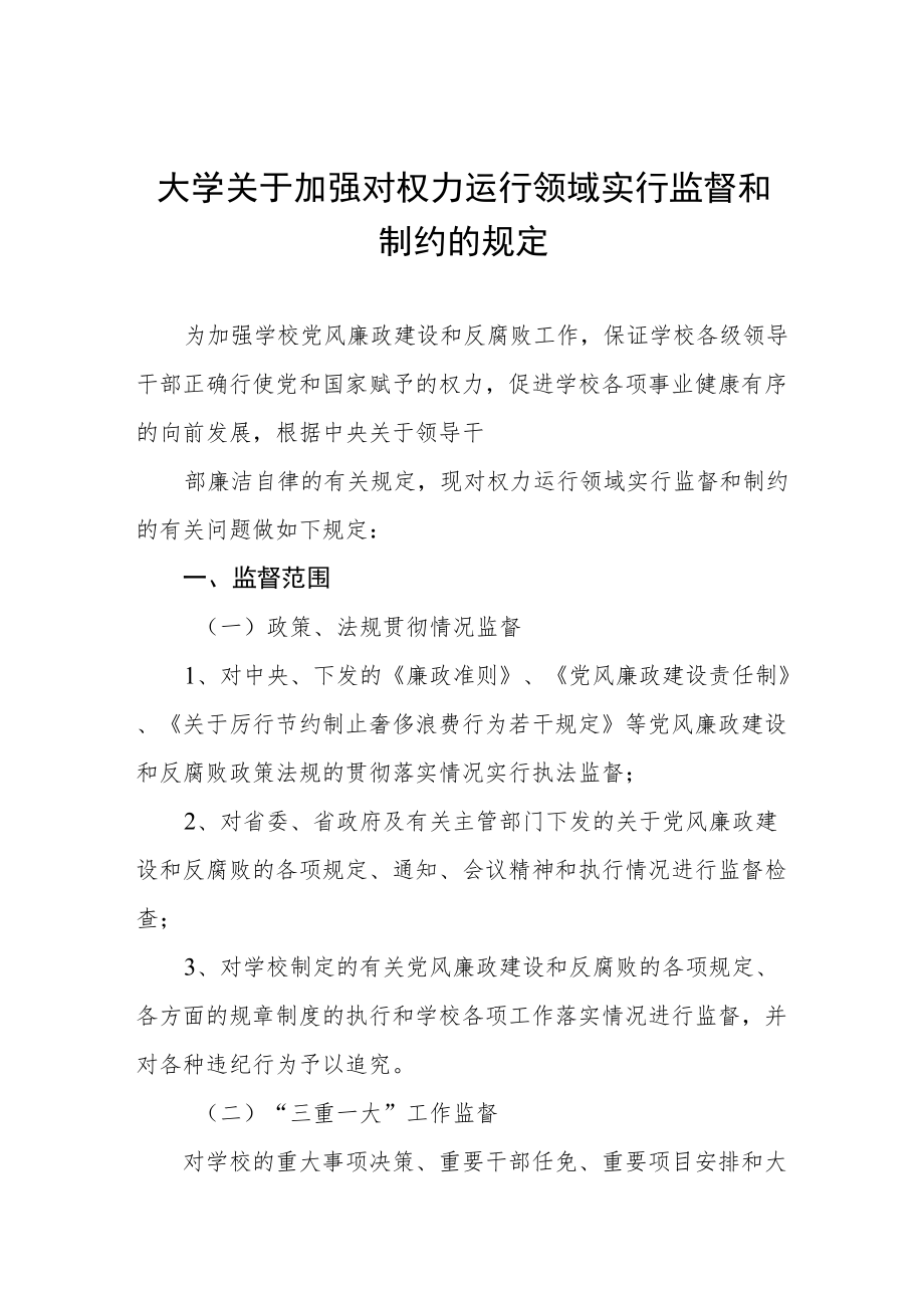 大学关于加强对权力运行领域实行监督和制约的规定.docx_第1页